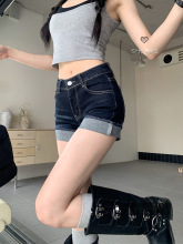 美式辣妹高腰性感超短裤热裤牛仔裤女夏季深蓝色设计感卷边短