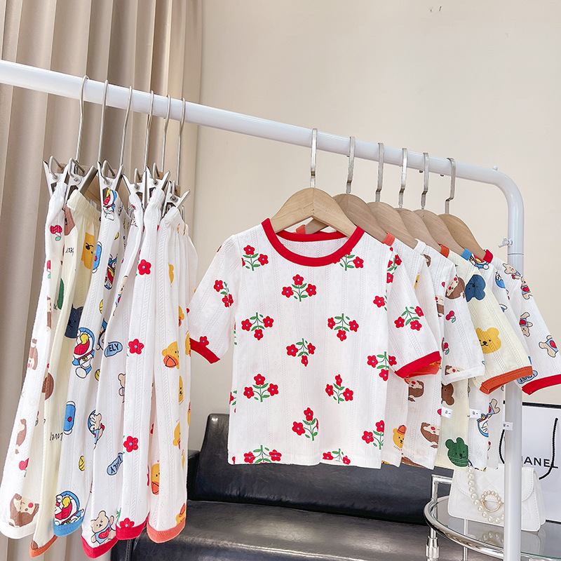 Primavera y Verano para Niños de estilo coreano para niñas Ropa de hogar traje transpirable cómodo Algodón puro algodón respiración bebé pijamas ropa de aire acondicionado