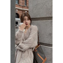 秋冬外套女港风钩花镂空慵懒中长款毛衣收腰开衫复古针织上衣宽松