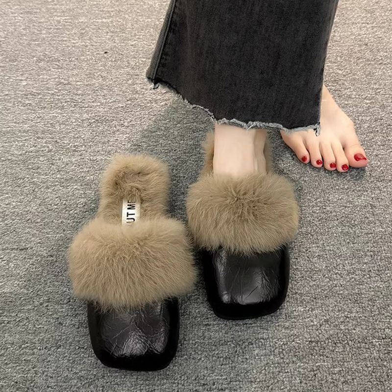 French Style Beautiful Baotou Autumn and Winter Maomao Slippers fleece-lined Women's Outside 2024 Flat New Mueller Lazy People Explosions Going Out