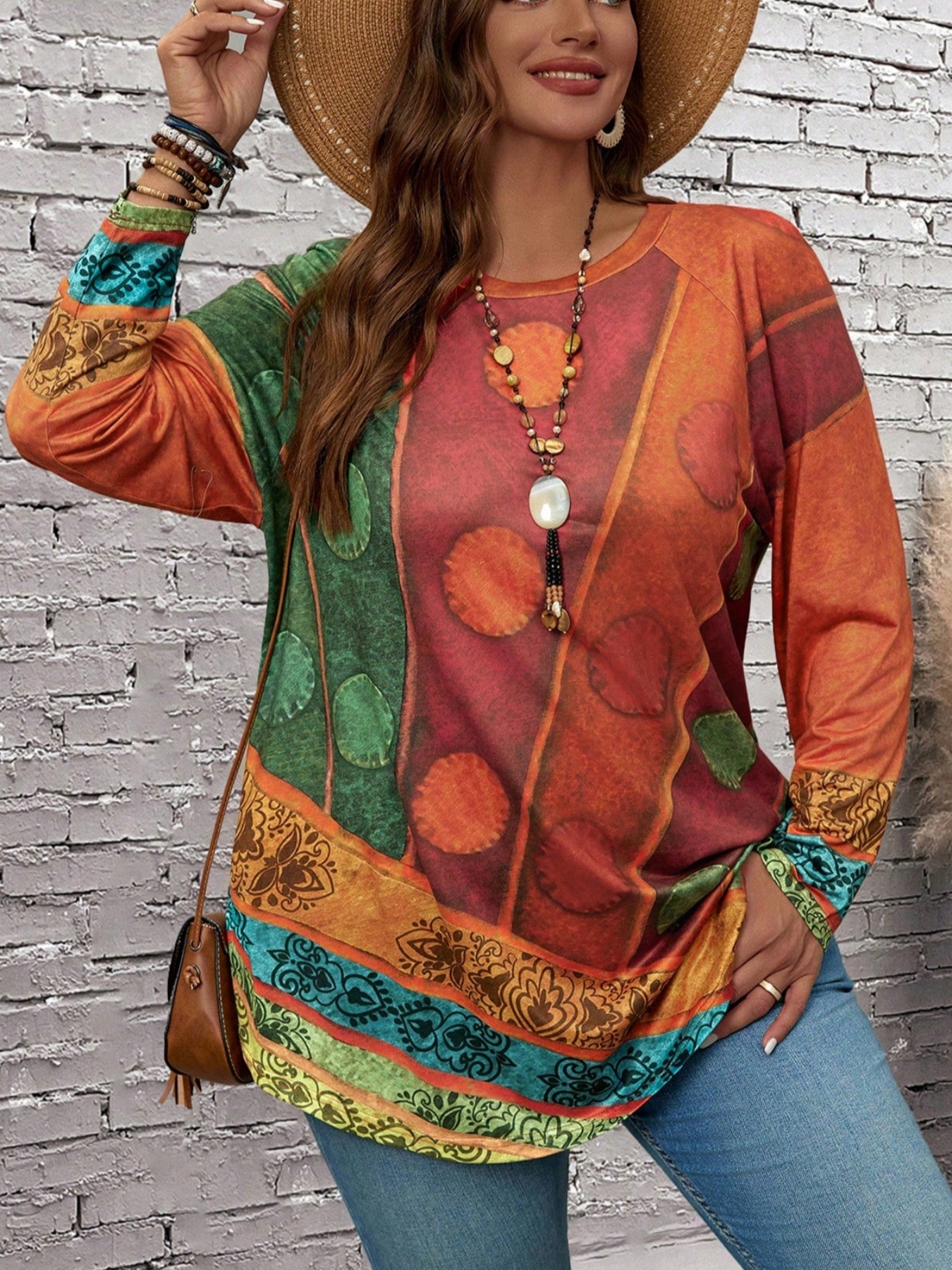 2024 Europa y América Amazon transfronteriza primavera y otoño ropa de mujer de tamaño grande cuello redondo camisa de manga larga impresión retro manga larga