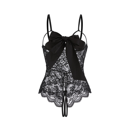 Guiruo Sexy Lingerie Sexy Lace See-through Lace-up Bow Open-Style One-piece Suit Free of Removal 1542