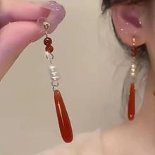新中式仿珍珠水滴吊坠耳环气质复古耳钉感小众设计感耳饰品潮