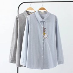 ストライプシャツ刺繍猫ビッグサイズ女装2022春綿シャツ学院風カジュアルカーディガン太った妹シャツ8090