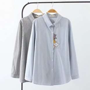Striped Shirt Embroidered Cat plus size Women's 2022 Spring Cotton Shirt Academic Style Casual Cardigan Fat Girl Shirt 8090