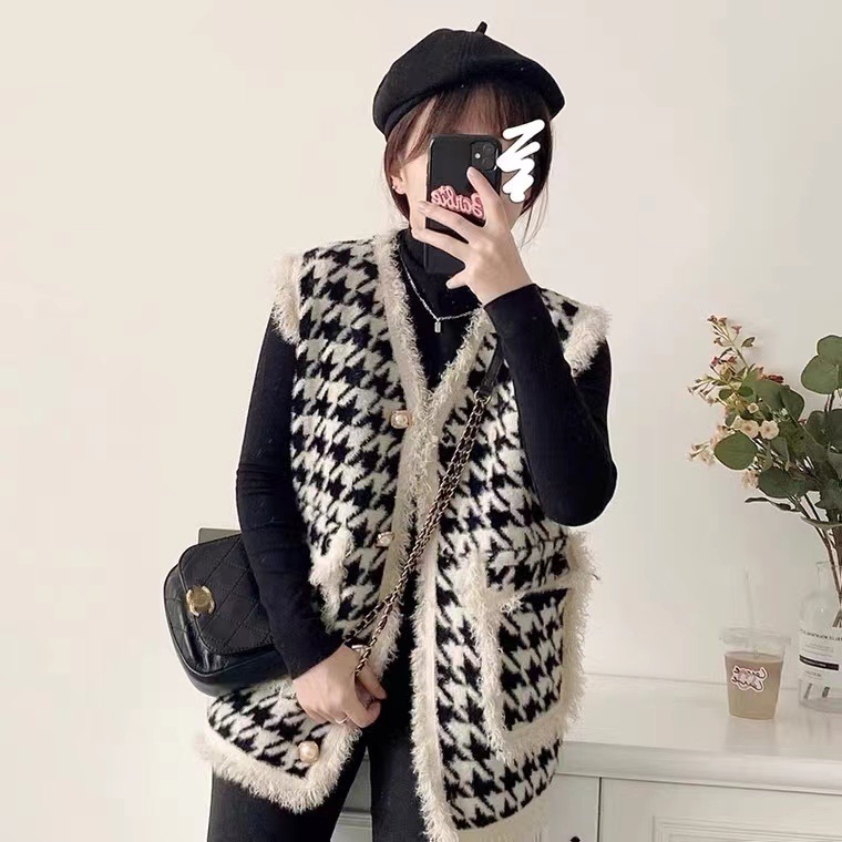 小香风千鸟格马甲外套女中长款宽松冬季新款仿水貂绒针织背心
