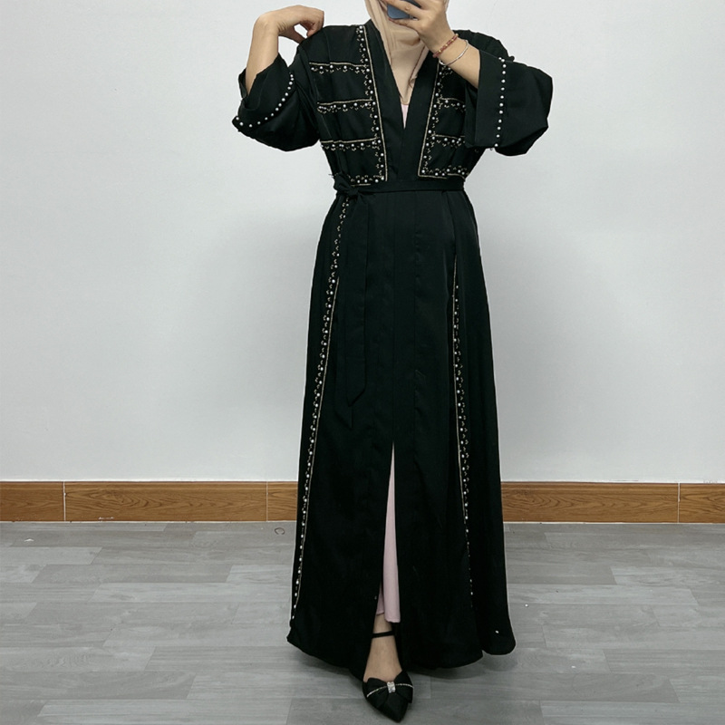 F332 Cross-Border Foreign Trade Women's Long Dress Middle East Dubai Embroidered Lace Pearl Beaded Cardigan Robe In_ecoleips.com