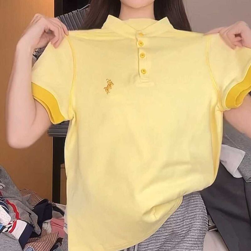 Plus-Size Pony Embroidery Stand-Up Collar Short-Sleeve T-Shirt for Women, Spring/Summer 2026 New Style, Slim Fit, Tummy-Covering, Fashionable Top