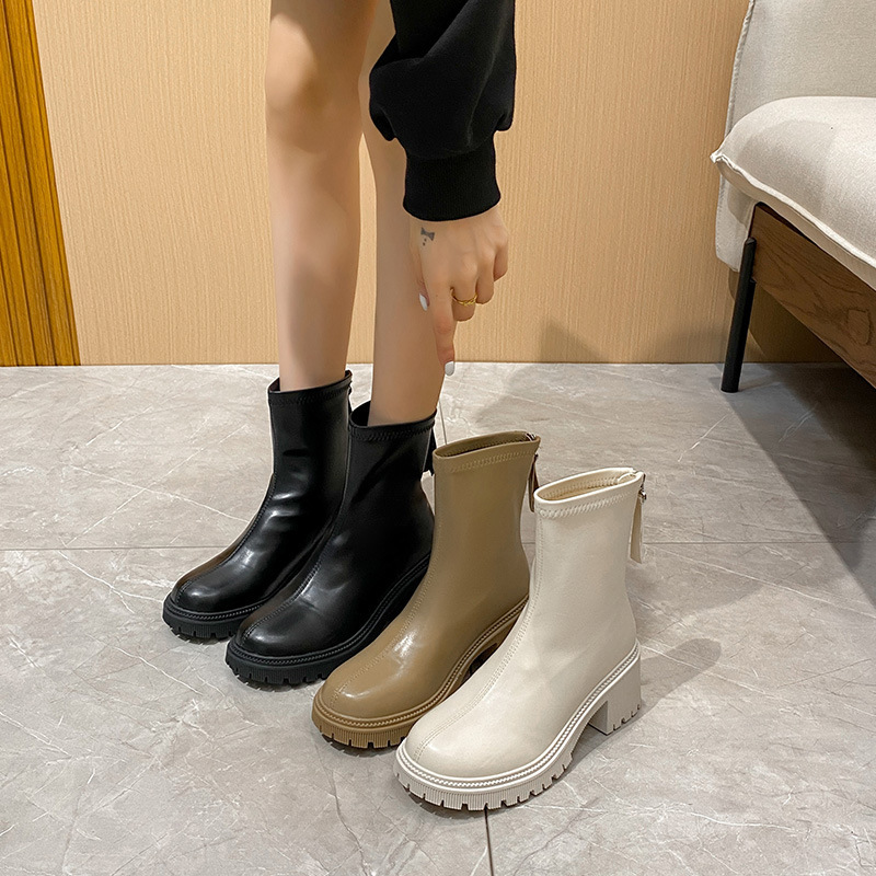 Clearance without filling round head thick bottom thick heel short tube white casual stretch thin boots women's plus size 43