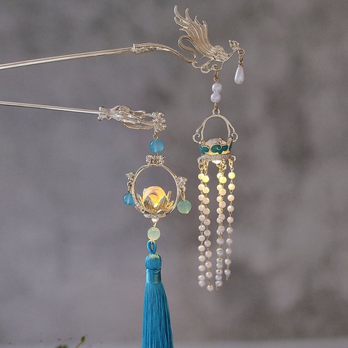 New antique style luminous blue lantern tassel hairpin retro all-match walking hairpin Hanfu cheongsam accessories headdress