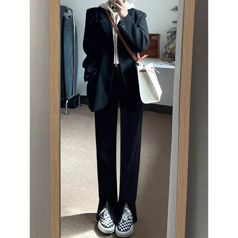 Corea delantera horquilla estrecha pantalones de piernas anchas mujeres pequeñas primavera y otoño recto negro cintura alta sensación de invierno pantalones de traje de invierno