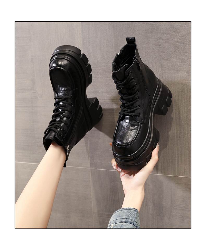 Boot nữ kiểu Anh đế dày nâng chiều cao, cổ ngắn, phong cách retro — Lớp lót nhung đen chi tiết 12