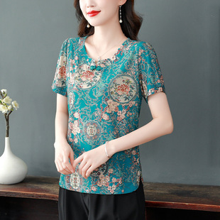 Summer 2024 short sleeve plus size Loose Women's buckle ethnic style knitted printed temperament mother's artificial silk top