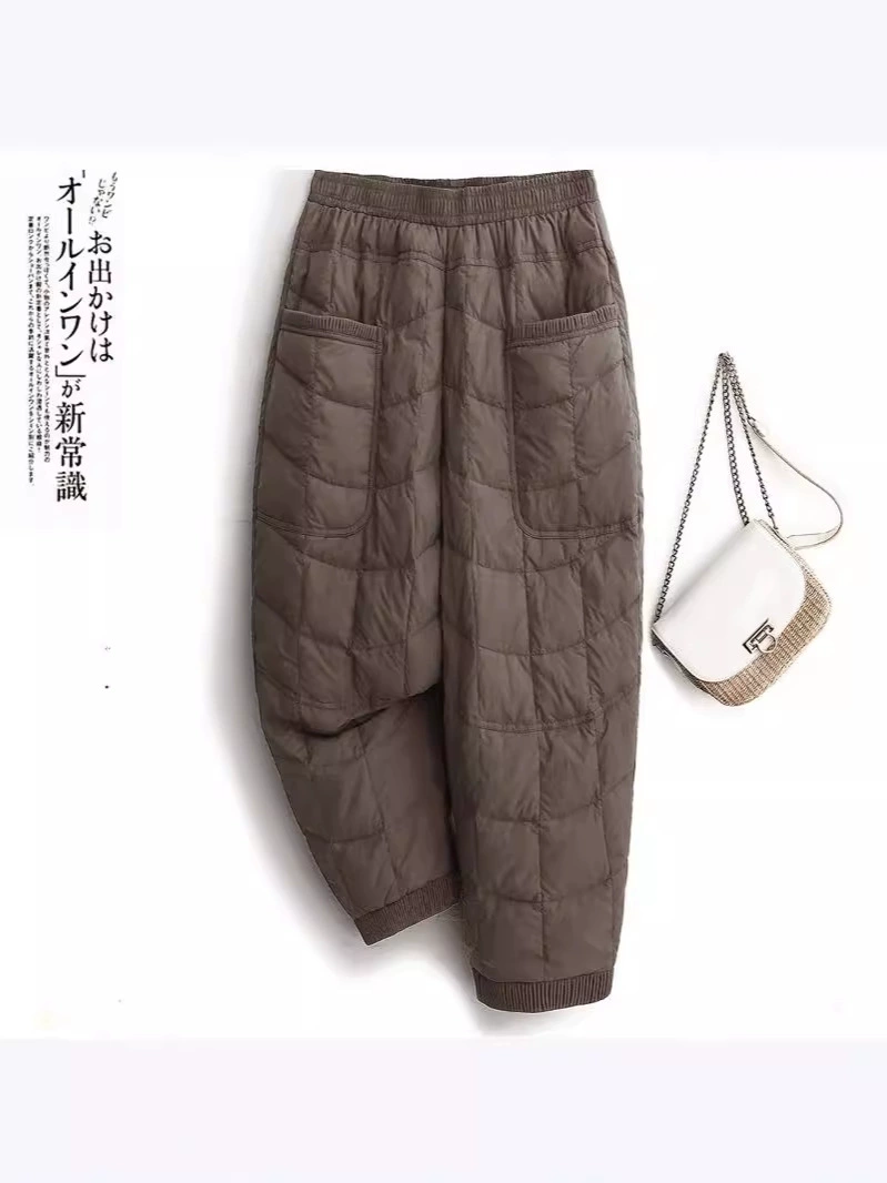 Demi-season down-filled lounge pants, loose-fit with elastic waist, plus-size in Coffee/Black/Khaki