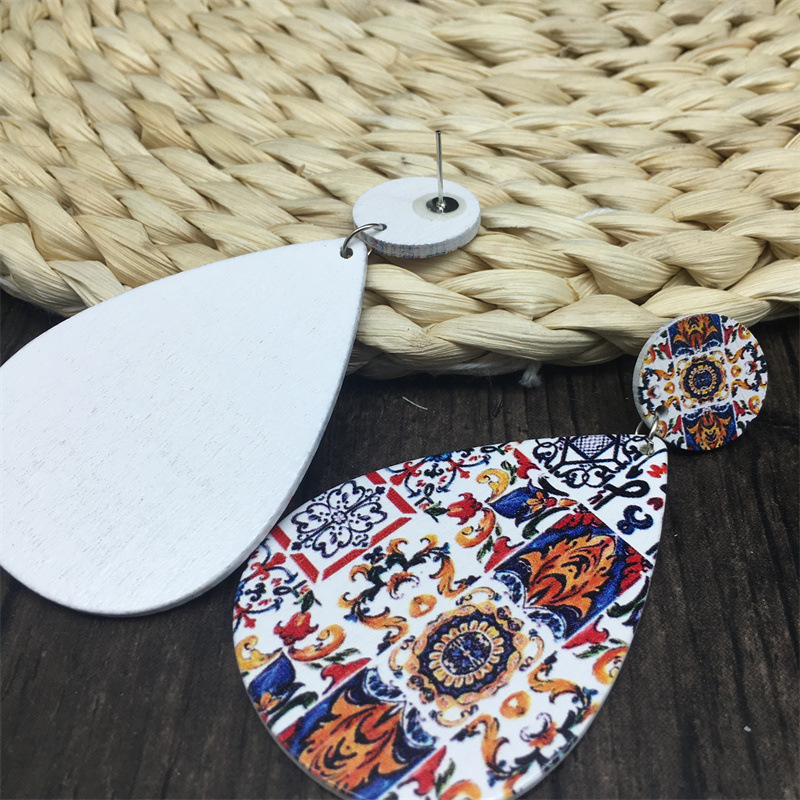 Alloy Ear Needle Material Bohemian Printing Water Droplets Wood Women's Drop Earrings 1 Pair