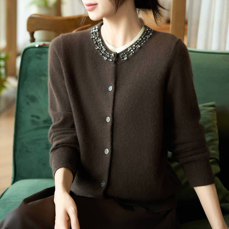 High-End and Elegant Round-Neck Beaded Knit Cardigan for Women, Autumn and Winter 2026 New Style, Pure Wool Sweater Outerwear