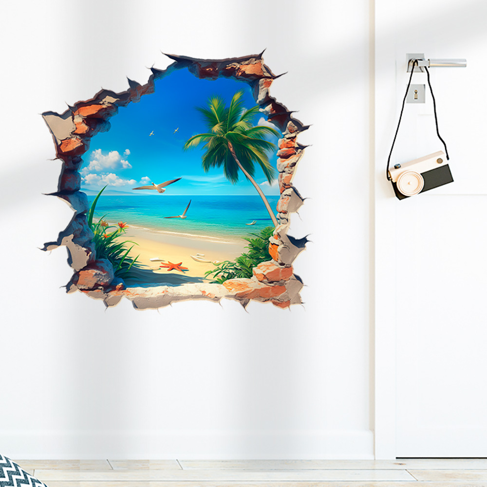 New 3D Wall With Hole Design, Hawaiian Seagull Scenery, Home Background Decoration Sticker_voghion.com