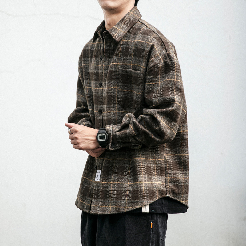 Brushed Thickeneded Shirt Men's Warm Plaid Long-Sleeved Heavy Retro Loose Woolen Shirt Casual Jacket Trendy Autumn and Winter