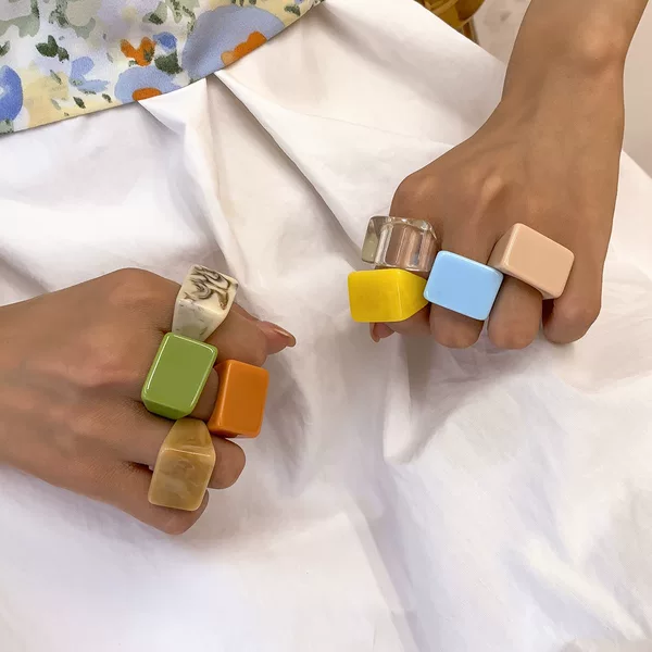 European and American Cross-Border Jewelry Trendy Colorful Macaron Color Ring Fashion Simple Geometric Square Resin Ring for Women