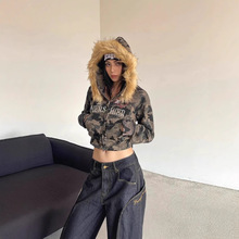 秋冬女新款美式辣妹可拆卸迷彩毛领连帽卫衣拉链短款外套加绒保暖