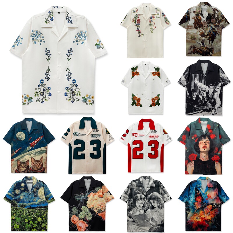 Hawaiian Style Vintage Digital Print Short-Sleeved Shirt for Men, Street Style Loose Casual Versatile Floral Shirt for Women, Trendy