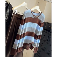 休闲时髦减龄拼色条纹针织衫女2025春秋季新款设计感显瘦长袖上衣