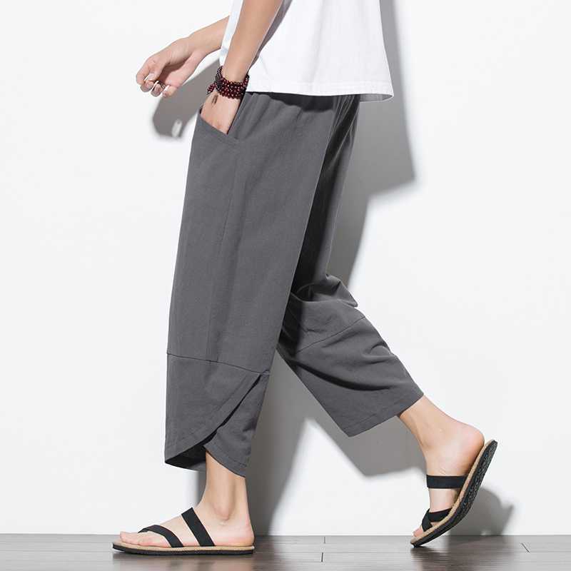 Teenager Solid Color Cotton Linen Straight Leg Pants Cross-border Summer Men's plus size Loose Casual Harlan Wide Leg Cropped Trendy Pants