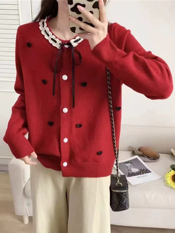 欧洲站秋冬新款圆领爱心蝴蝶结蕾丝针织开衫女时尚气质名媛风毛衣|undefined