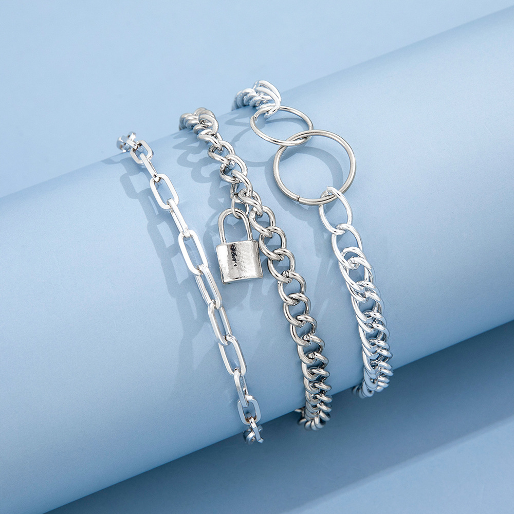 New Personality Trend Lock Pendant Double Circle Chain Anklet Combination Three-piece Set display picture 3