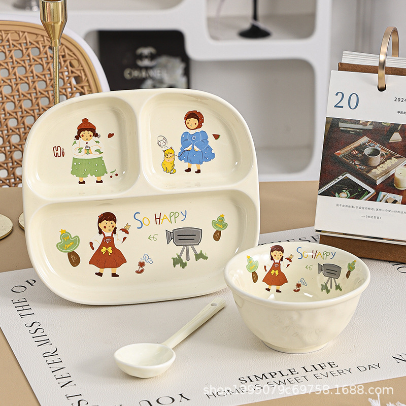 陶器製分割脂肪低減ディナープレート、一人用、家庭用朝食食器、子供用かわいい定量プレート、3分割ディナープレート|undefined