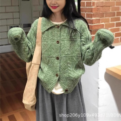 韩系复古软糯蓝色翻领毛衣外套女春季新款慵懒高级感宽松针织开衫