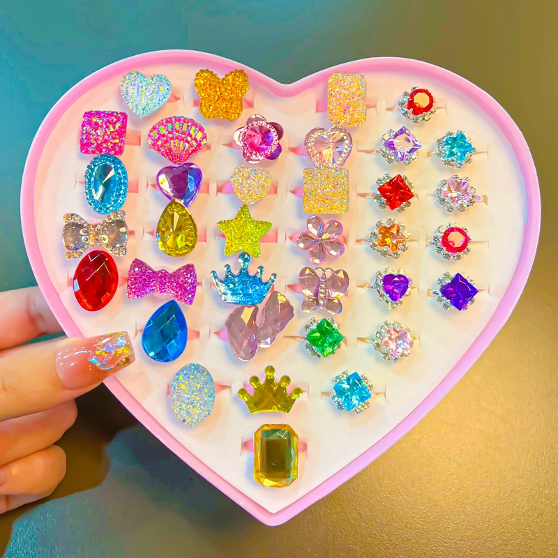 Children's Ring Set, multi-piece cartoon princess jewelry with gems, assorted boxes