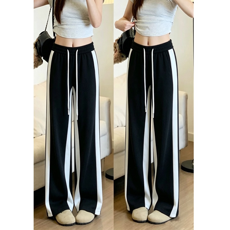 Black and White Patchwork Pants for Women, New Spring and Autumn Style, Straight High-Waisted Casual Wide-Leg Sports Sweatpants for Women