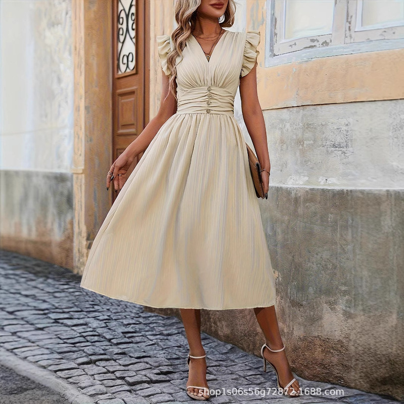 Ladies elegant wooden ear sleeve waist solid color dress cross-border Europe and the United States Amazon foreign trade