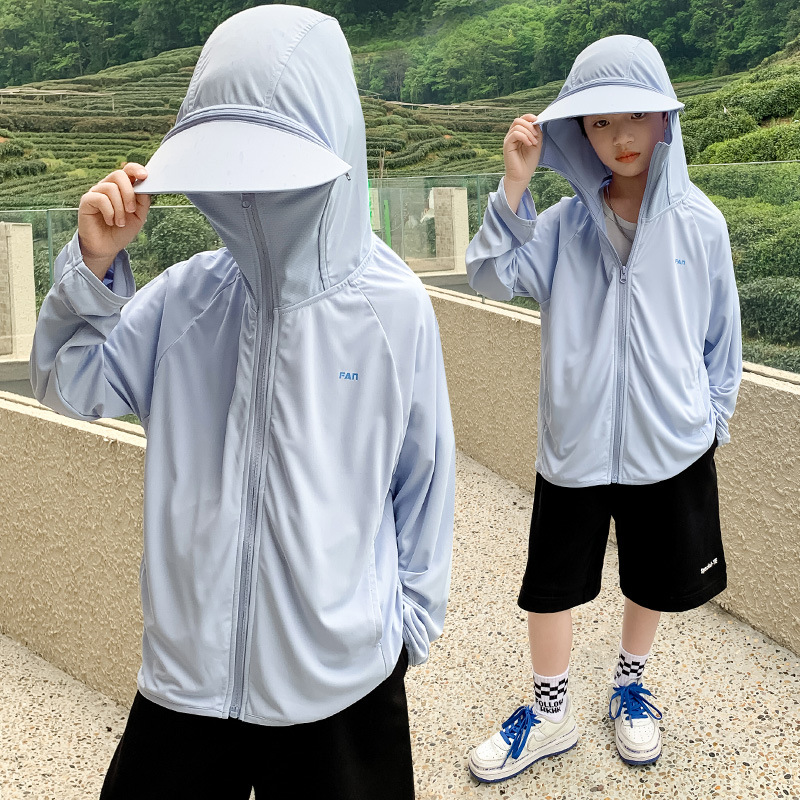 Boys' Sun-Protective Clothing for Summer: Ice Silk Sunscreen Top, Thin Style 2024, Kids' Skin-Friendly Garment, Breathable, Sun-Shading, with Visor Hat and Jacket
