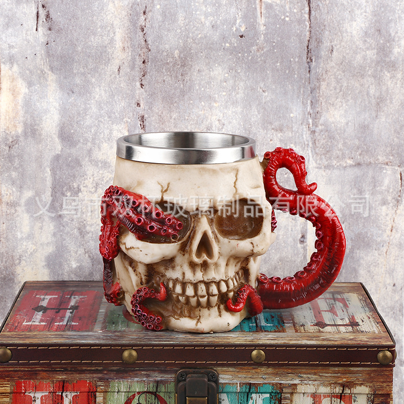 Taza de pie de pulpo rojo de Halloween transfronterizo 3D tridimensional alto pie cráneo pulpo resina de acero inoxidable copa de vino