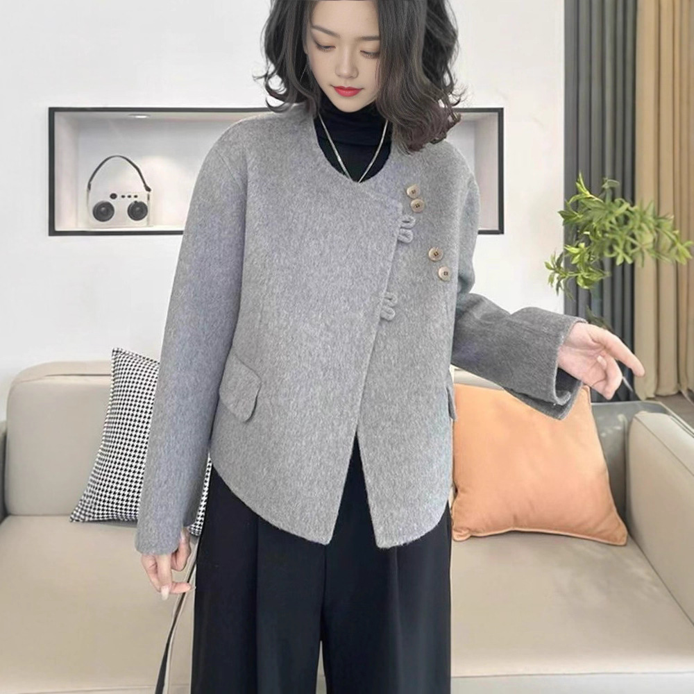 韩系圆领兔耳朵短款反季特价清仓双面羊毛大衣加厚