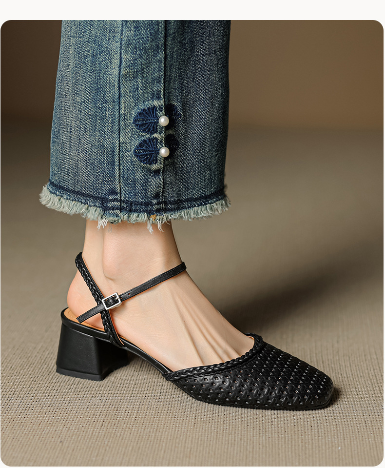Giày sandal cao gót nữ quai ngang mũi tròn da bò, gót 5 cm — đen chi tiết 9