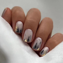 Vintage Chinese ink wash painting short nails with gold foil embellishments, international trade style, Instagram-inspired fake nails, Western-style nails