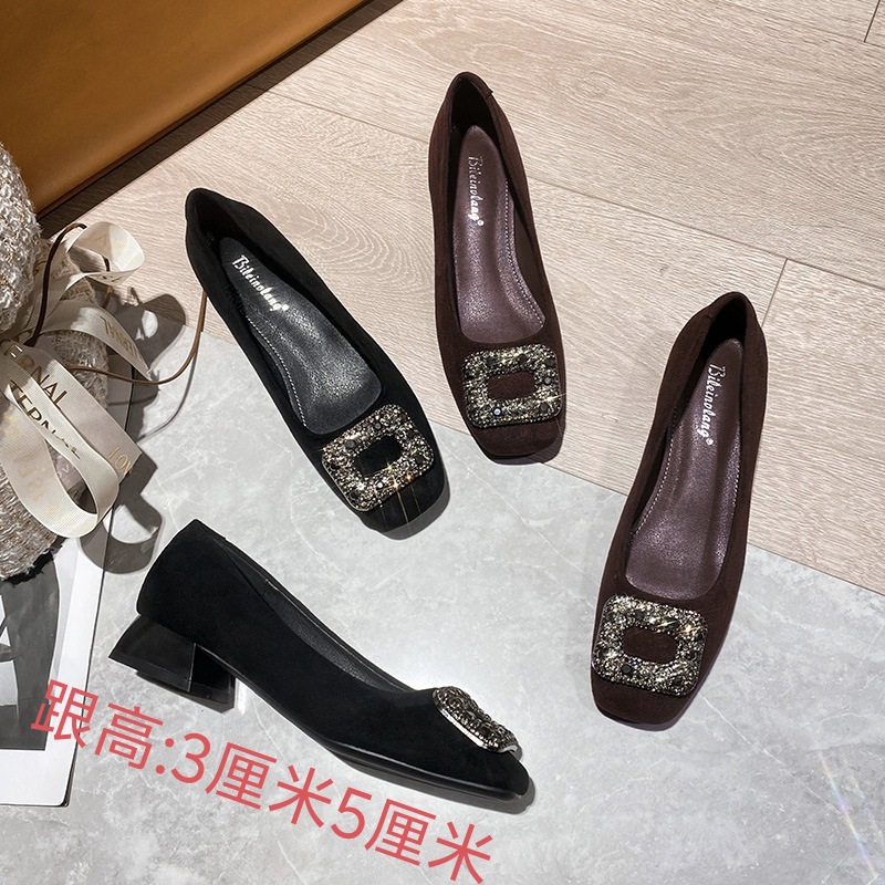 New Spring and Autumn square toe low heel single-layer shoes women's commuter women's shoes low mouth rhinestone square buckle not tired feet chunky heel shoes