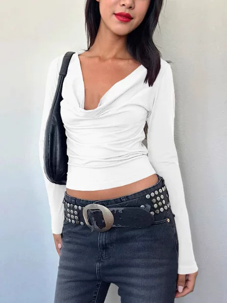 Cross-Border European and American New Autumn/Winter Solid Color Long-Sleeve Low-Neck Y2K Slim-Fit Spicy Girl Top Women's Base Shirt Wholesale