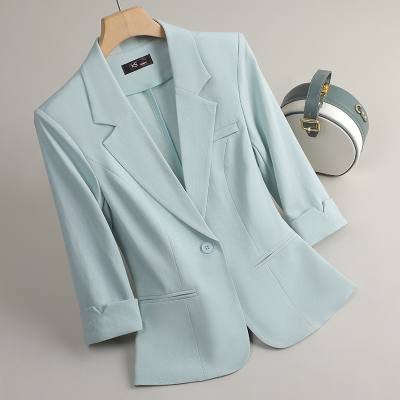 Green Short Blazer for Women, High-End Fashion, Thin Three-Quarter Sleeve, Versatile Suit Top for Small People