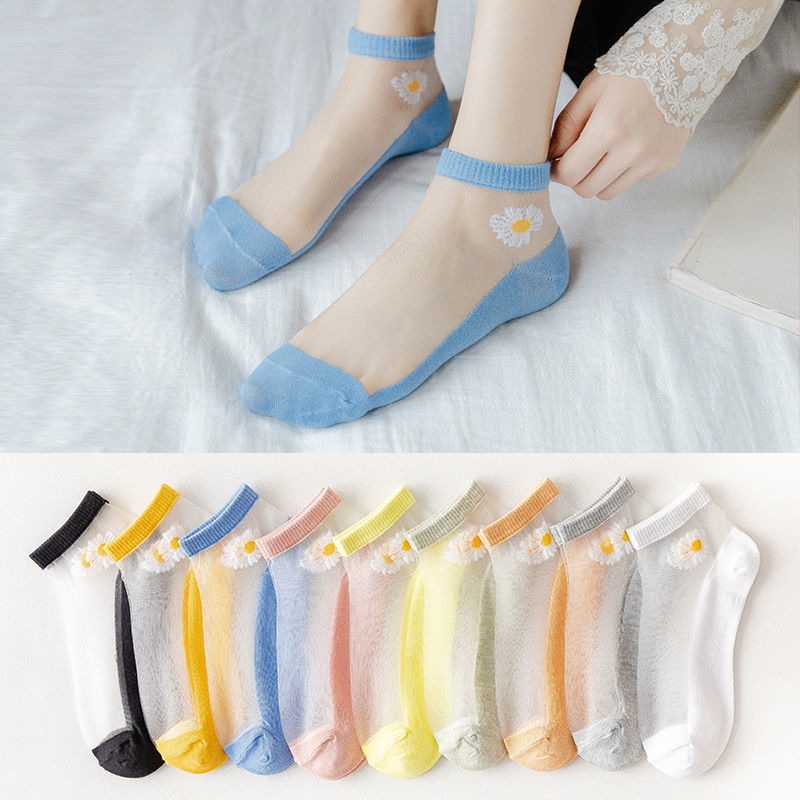 Little Daisy Socks Women's Korean Style Short Socks Silk Stockings Women's Summer Thin Crystal Socks Shallow Mouth Boat Socks Transparent Invisible