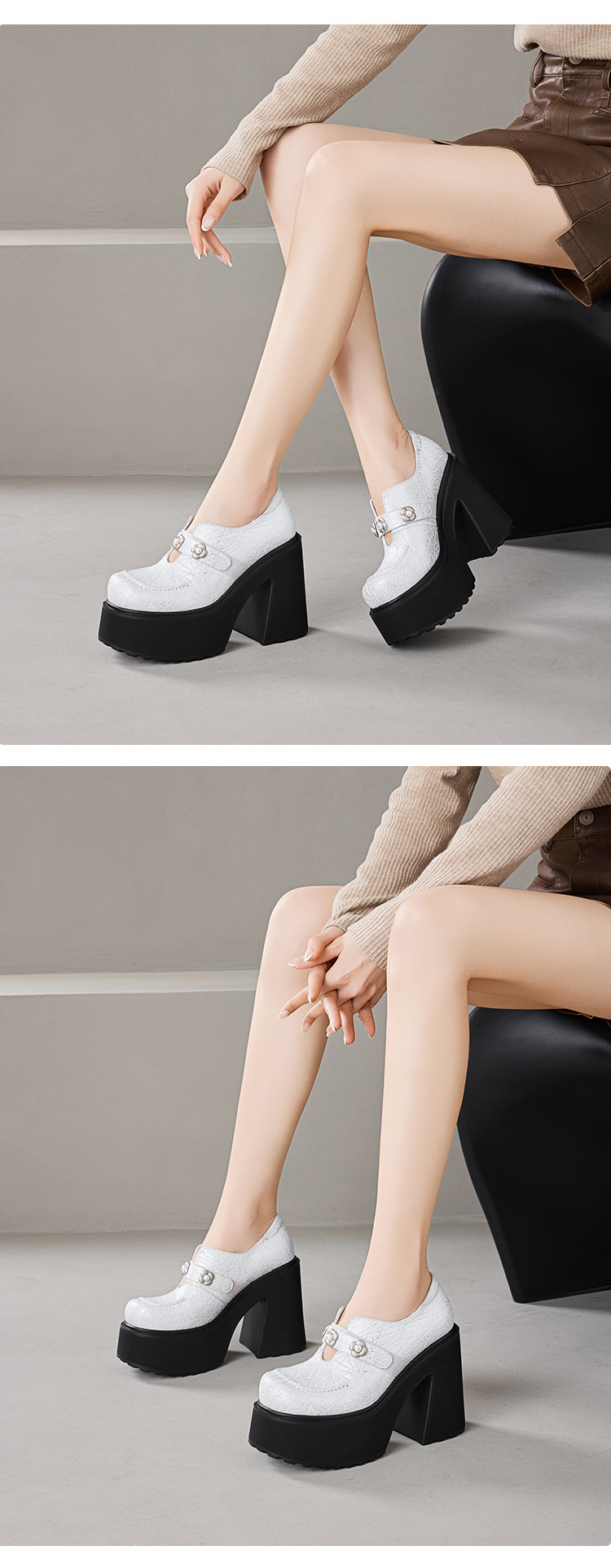 Giày loafer nữ đế xuồng da thật gót vuông 12 cm phong cách Anh quốc — màu đen chi tiết 5