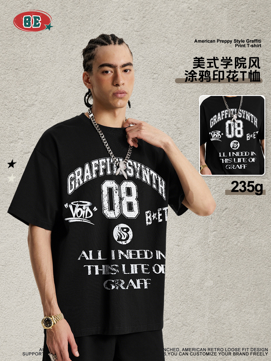 Be Hombres| American Street Graffiti College Style Retro Made Old Lavable Shoulder Suelt T-shirt para hombres y mujeres image 3