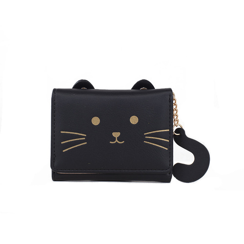 Cross-border new women's wallet girls short three-fold coin purse student cartoon kitten PU pickup bag small bag