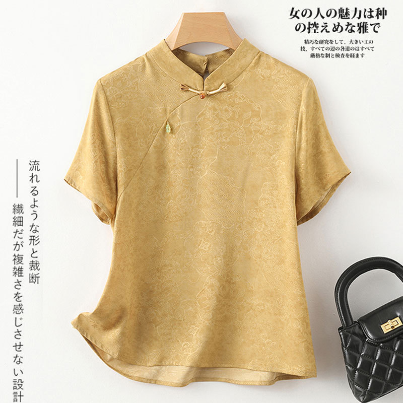 黄色新中式显白上衣女年轻款小短袖改良旗袍式衬衫薄款国风仿真丝|undefined