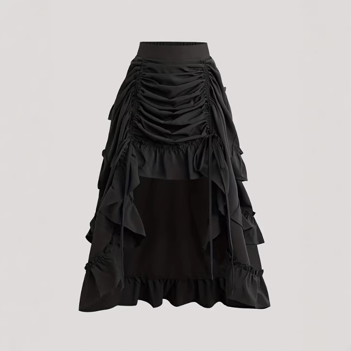 2026 Fashionable Solid Color Ruffle Trim Mid-Waist Skirt with Multi-Layer Design, Pleated Drawstring Long Skirt, Direct from Manufacturer 2026 Fashionable Solid Color Ruffle Trim Mid-Waist Skirt with Multi-Layer Design, Pleated Drawstring Long Skirt, Direct from Manufacturer