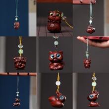 印尼紫檀绿檀木创意雕刻丑萌八爪鱼老虎叮当猫手机链挂件包包吊坠