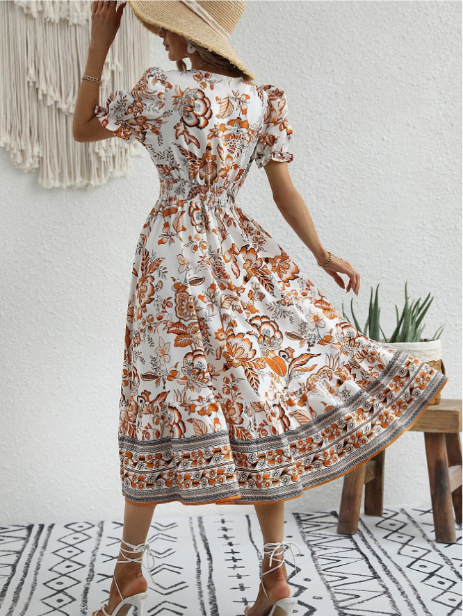 Printing Design Vintage Style, Vacation Style Wholesale Women's Vintage Style Vacation Printing Printing Holiday Travel V Neck Short Sleeve Swing Dress